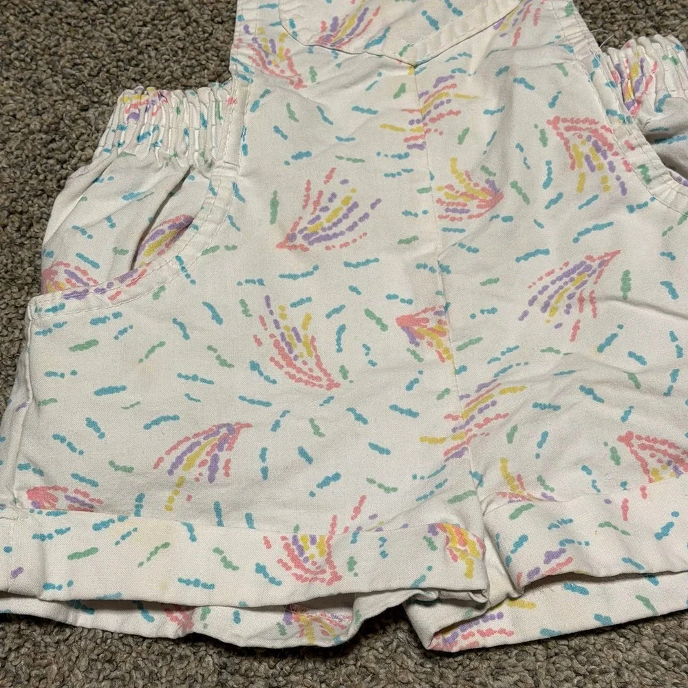 Vintage OshKosh B'Gosh Girls 4 Shortalls Confetti Rainbow Print Overalls USA